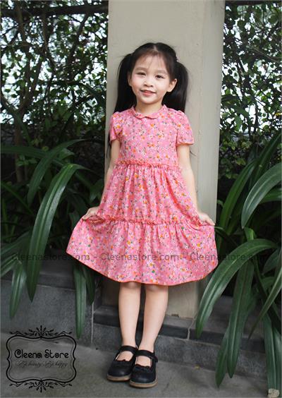 Đầm xòe cổ tàu 2 tầng hoa nhí cam hồng