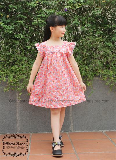 Đầm A cổ vuông viền ren ngực tay hoa nền cam hồng