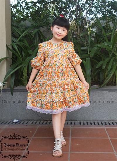 Đầm xòe tay lửng phồng 2 tầng chân tùng viền ren - hoa cam