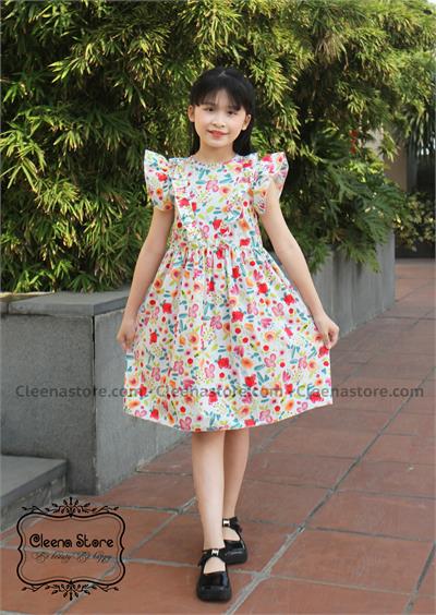 Đầm xòe bèo V tay bèo hoa đỏ hồng