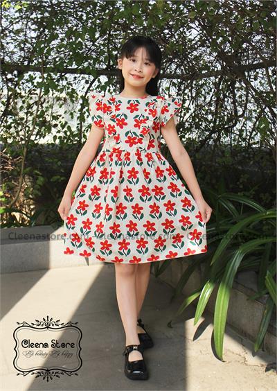 Đầm xòe bèo V tay bèo hoa đỏ