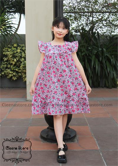 Đầm A cổ vuông đính nơ cầu ngực màu hồng tím