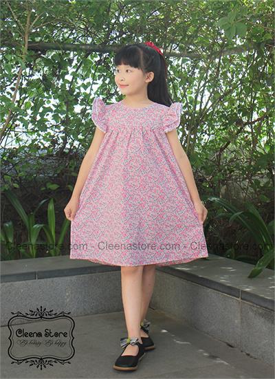 Đầm A hoa nhí hồng tay 2 tầng viền ren trắng