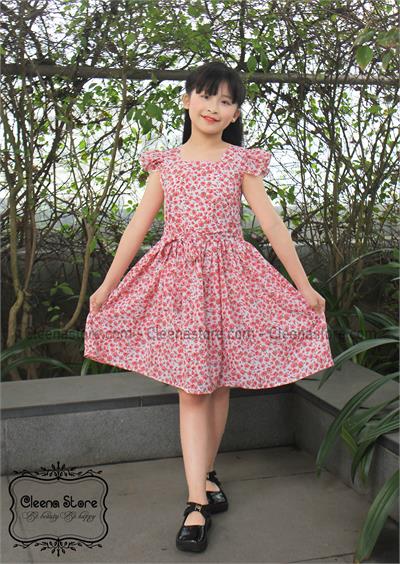 Đầm xòe 2 dây bèo thắt nơ eo hoa hồng