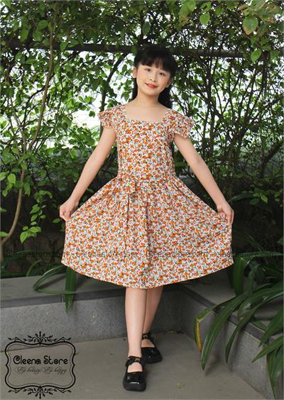 Đầm xòe 2 dây bèo thắt nơ eo hoa nhí cam
