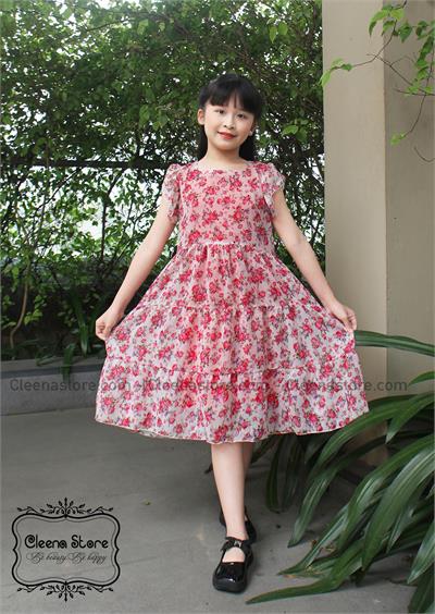 Đầm voan cổ vuông xòe 3 tầng hoa hồng