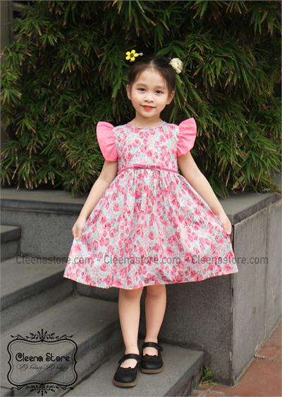 Đầm xòe tay bèo phối nơ eo hồng nhạt