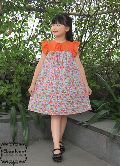Đầm A hoa cam xanh phối vải cam