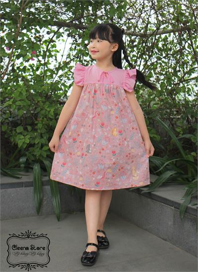 Đầm A hoa tiết phối vải hồng