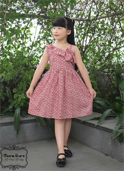 Đầm xòe lệch vai đính nơ hoa nhí đỏ hồng
