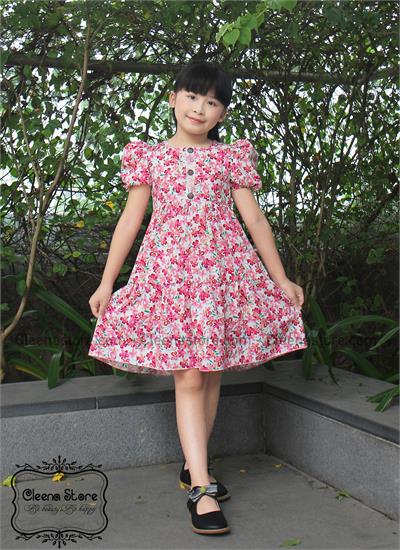 Đầm xòe cổ vuông tay cộc phồng 2 lớp tùng xòe 2 tầng - Hoa hồng tím