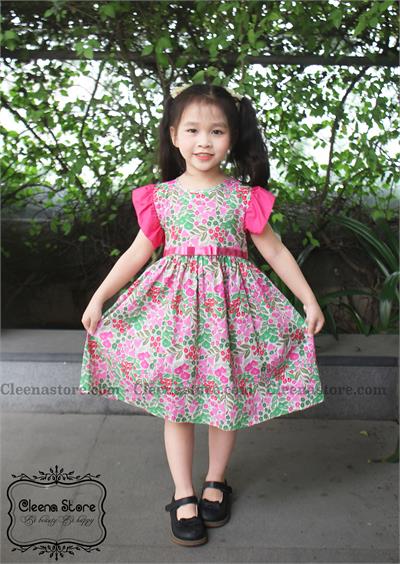 Đầm xòe tay bèo phối nơ eo hồng đậm