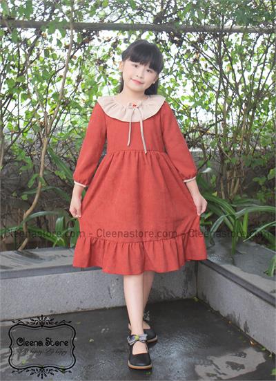 Đầm nhung cam phối cổ be
