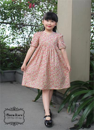 Đầm xòe hạ eo cao cổ tim tay thắt nơ hoa nhí