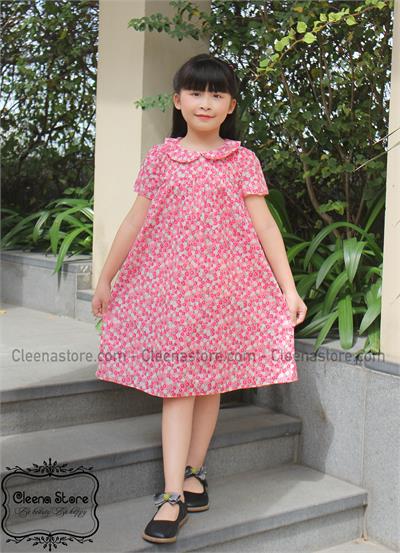 Váy A cổ sen tay cộc hến - Hoa nhí hồng