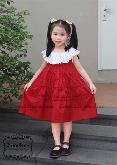 Đầm dáng A màu đỏ phối cổ trắng